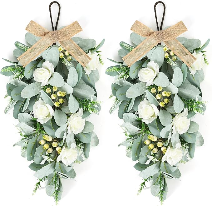2 Pcs 24" Artificial White Rose Teardrop Wreaths Swag Spring Summer Flower Berries Swags Wreath White Floral Hanging Wreaths for Kitchen Cabinet Doors Window Wall Wedding Party Home Decor