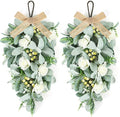 2 Pcs 24" Artificial White Rose Teardrop Wreaths Swag Spring Summer Flower Berries Swags Wreath White Floral Hanging Wreaths for Kitchen Cabinet Doors Window Wall Wedding Party Home Decor