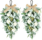 2 Pcs 24" Artificial White Rose Teardrop Wreaths Swag Spring Summer Flower Berries Swags Wreath White Floral Hanging Wreaths for Kitchen Cabinet Doors Window Wall Wedding Party Home Decor