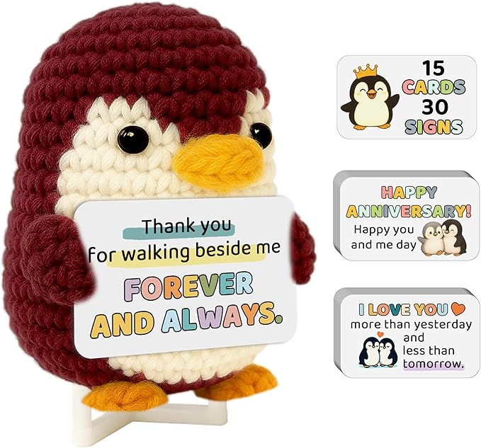 Crimmy Valentines Day Gifts for Him Her, Crochet Tiny Penguin Anniversary Birthday Gift for Boyfriend Girlfriend Wife Husband, I Love You Romantic Gifts for Women Men Couple (Love red Penguin)