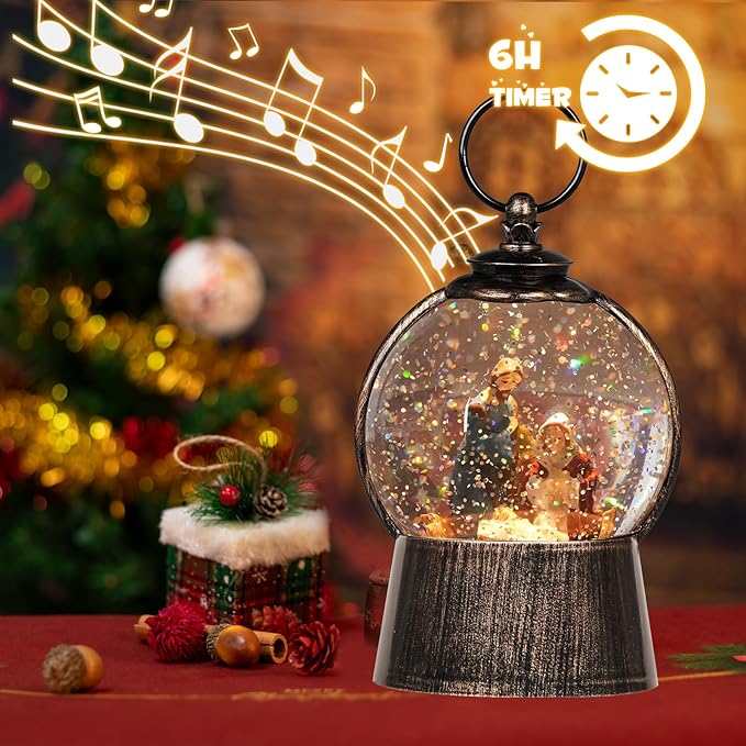 Nativity Snow Globe Christmas Snow Globe Lantern, Light up Nativity Sets for Christmas Indoor Decor, Silent Night Music with Swirling Glitter, USB Powered & Battery Nativity Scene Holy Family