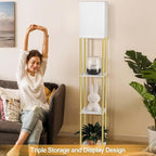 Floor Lamp with Shelves, Modern Corner Display Standing Column Shelf Lamp Etagere Organizer Tower Nightstand with White Linen Shade for Living Room, Bedroom and Office, Marble White and Gold Poles
