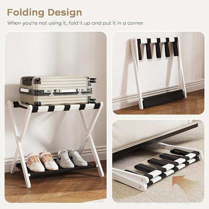 Fully Assembled 2 Pack Luggage Rack with Fabric Storage Shelf, 26.77" Bamboo Folding Luggage Rack for Guest Room, Luggage Stand Holder, Thickened Suitcase Stand Holds up to 165 Lbs, White