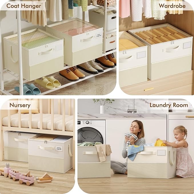 2 Pack Shoe Organizer for Closet, Large Shoe Box Storage Containers, Foldable Shoe Storage Organizer Box Bin with Adjustable Dividers and Clear Cover, Space Saving Shoes Holder, Beige