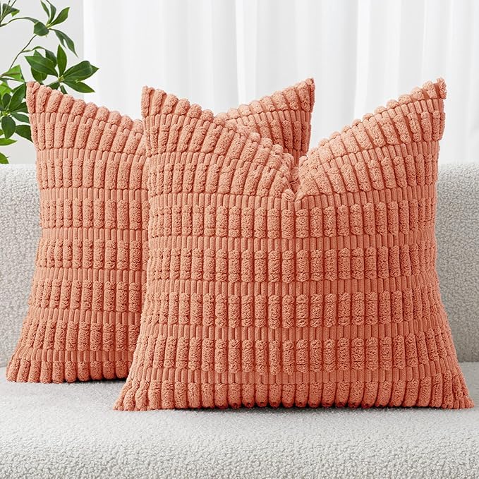 MIULEE Pack of 2 Corduroy Decorative Throw Pillow Covers 20x20 Inch Soft Boho Striped Pillow Covers Modern Farmhouse Home Decor for Summer Sofa Living Room Couch Bed Coral
