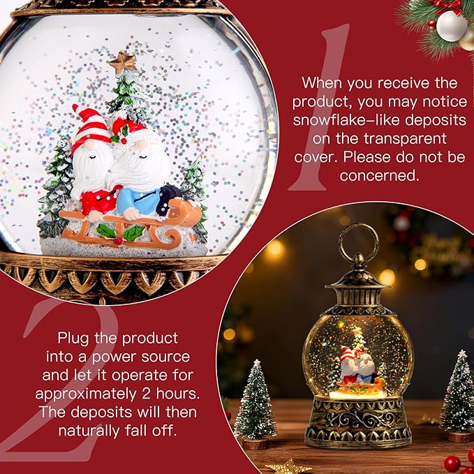 Gnome Christmas Snow Globe, Gnome Musical Snow Globe Lantern Lights with 6H Timer Battery & USB Powered, Retro Style Holiday Glitter Globe for Xmas Home Decoration Holiday Party Gifts