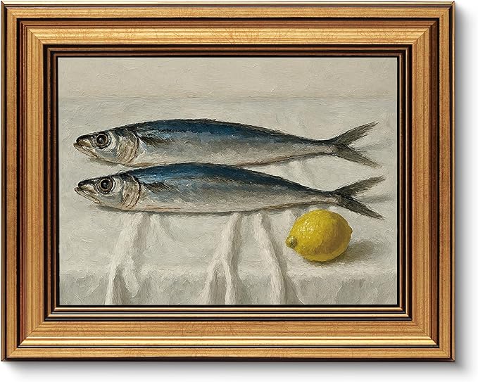 VIYYIEA Vintage Gold Framed Wall Art for Living Room, Salted Fish Canvas Prints Home Decor, Oil Painting Picture, Bedroom Wall Decor Gifts for Friends or Family -【Salted Fish & Lemon】-(10L x 8W)