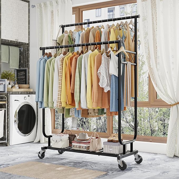 Heavy Duty Clothes Rack, Rolling Clothing Rack With Shelves Load 450 LBS, Double Rod Clothing Racks with Wheels for Hanging Clothes, Black