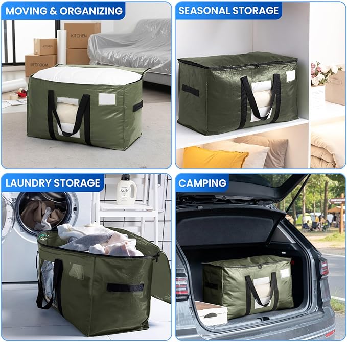 TAILI 6 Pack Green Extra Large Moving Bags, Heavy Duty Totes with Visible Window, Wrap Around Handles, Space-Saving Storage, Alternative to Moving Boxes