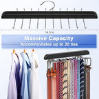 Upgraded Tie Rack Hanger with 20 Foldable Metal Hooks, Space Saving Necktie Organizer for Men – Large Capacity Tie and Belt Wooden Hanger for Closet - Black 2 Pack