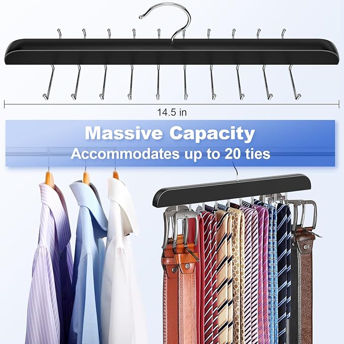 Upgraded Tie Rack Hanger with 20 Foldable Metal Hooks, Space Saving Necktie Organizer for Men – Large Capacity Tie and Belt Wooden Hanger for Closet - Black 2 Pack