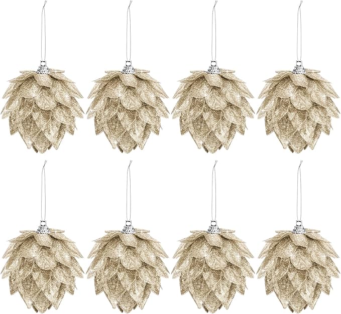 Jetec 8 Pieces Christmas Ornaments Glitter Christmas Tree Hanging Decoration Decorative Artificial Pine Cones Flowers Hanging Ornaments for Winter Wreath Holiday Decor(Champagne Gold)