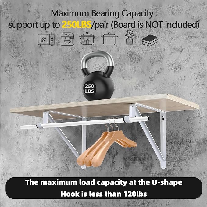 Heavy Duty Closet Rod Brackets 4 Pack, Wall Mounted Closet Shelf Bracket, 11 x 9.5 in Shelves Support Brace with Hook, White with Screws, HOME MASTER HARDWARE