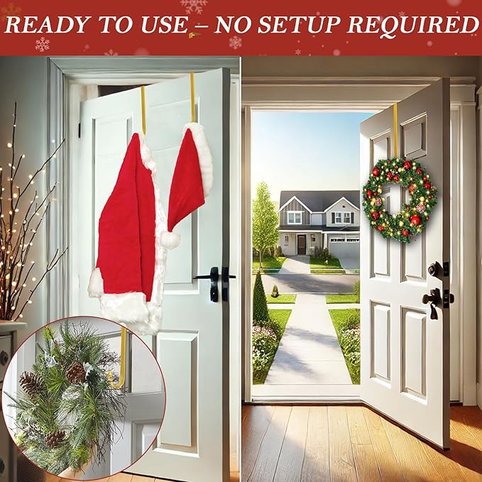 12" Metal Wreath Hanger for Front Door Non-Scratch, 2 Pack Gold Wreath Hanger Heavy Duty, Over-the-Door Hooks for Hanging Welcome Sign, Wreath Holder for Easter, Halloween, Fall, Christmas Decorations