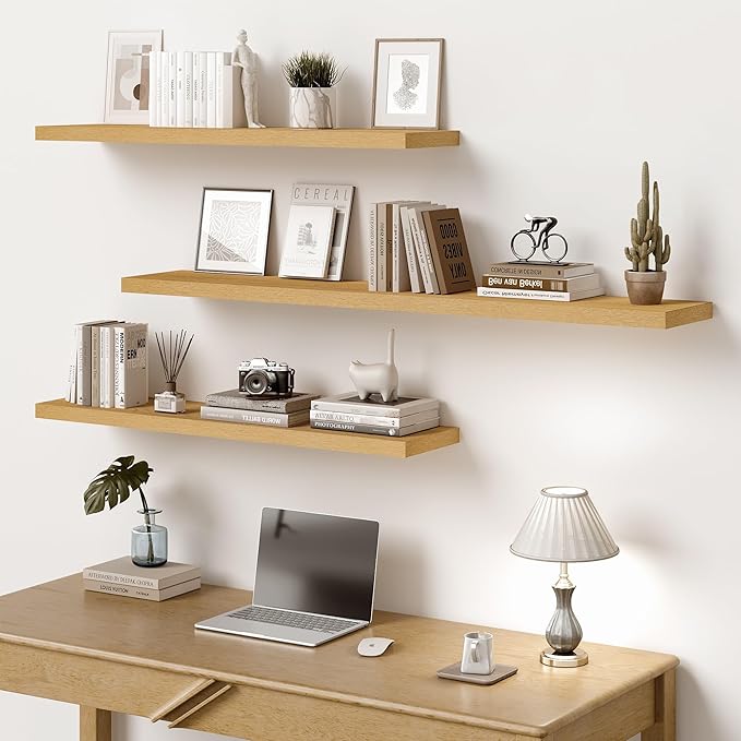 Vivelove 10" Deep Floating Shelves Over Toilet, 24" Wall Shelves for Bathroom Bedroom Kitchen Living Room Laundry Room, Modern Rustic Shelves for Home Decor, 24"x10.2"x1.5", Set of 2, Oak