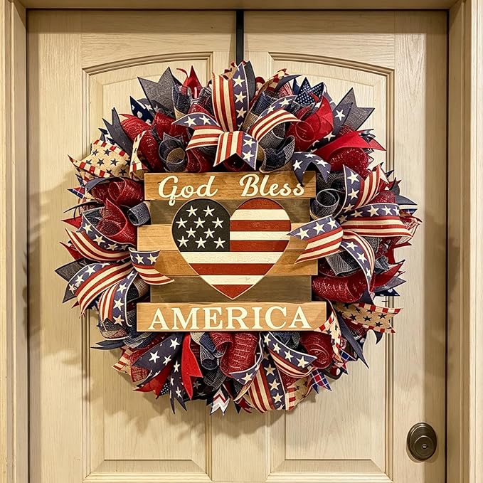 250th Anniversary Patriotic Wreath, 1776-2026 American Independence Day Wreath,16 in Red White Blue Front Door Wreath, Indoor Outdoor Home Decor for 4th of July, Memorial Day, Veterans Day (R)