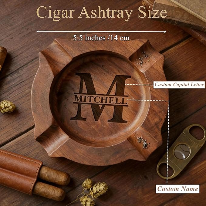 Cigar Ash Tray for Men Personalized Name Walnut Cigar Ashtrays for Outdooor Custom Wooden Ashtray Father's Day Christmas Engraved Monogramed Ashtray Gifts for Husband Dad Groomsmen Papa Grandpa