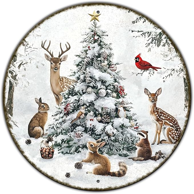 Vintage Christmas Snow Animals Tin Sign Retro Metal Sign Wall Decor for Home Yard Bar Cafe Plub 12×12 Inch