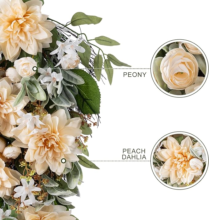 Glitzhome Peach Dahlia Floral Teardrop Swag 28" Artificial Spring Teardrop Swag Wreath for Front Door Porch Wall Window Decor