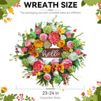 Spring Wreath for Front Door, 24 Inch Artificial Spring and Summer Wreath with Peony, Rose, Orchid, Hydrangea and Gardenia Flowers, Peach, Berries and Hello Wooden Sign, Decor for Indoor Outdoor