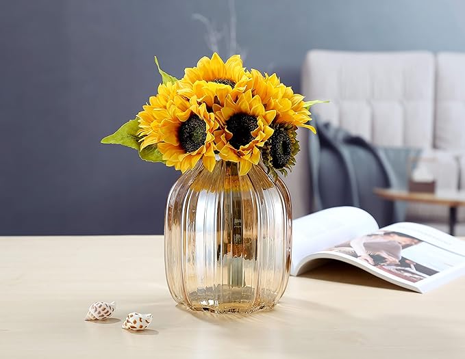 Large Amber Glass Vase for Flowers Ribbed Tall Gold Floor Vase 8.0" Decorative Vases for Home Table Centerpieces Flowers Decor and Farmhouse(Brown 8.0in)