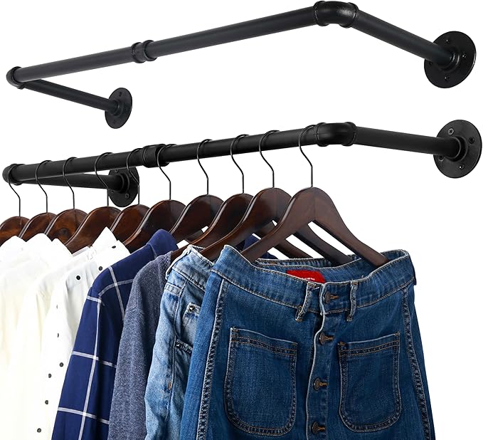 WEBI Clothing Rack Wall Mount,32" Industrial Pipe Clothes Rack for Hanging Clothes,Heavy Duty Iron Garment Rack Bar,Retail Display Clothes Rod for Closet,Laundry Room,Black,2 Packs