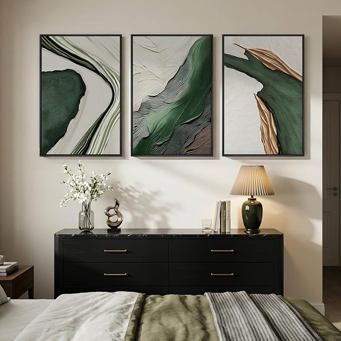 Large Framed Modern Abstract Wall Art for Living Room, 3 Piece Canvas Prints Paintings Artwork for Walls, Minimalist Green and White Pictures for Hallway Dining Bedroom Home Office Wall Decor 24x36 Inch