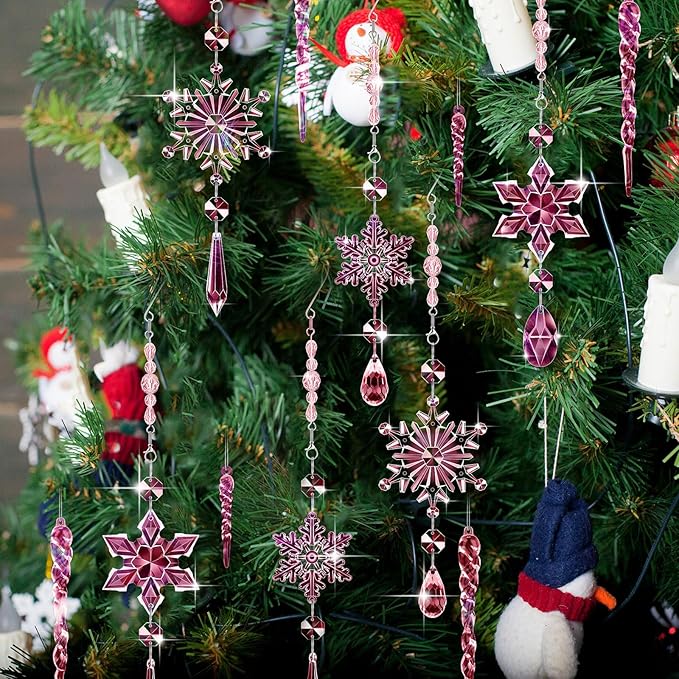 Giegxin 32 Pcs Crystal Christmas Ornaments Crystal Hanging Snowflakes Acrylic Xmas Tree Icicle Drop Decorations with Hooks for Christmas Snow Party Winter(Pink)