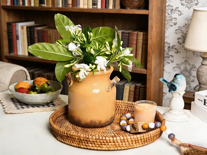 Quoowiit Ceramic Rustic Farmhouse Vase, Distressed Decorative Flower Vase for Home Decor, Ideal Shelf Decor, Yellow Boho Vases for Living Room Bedroom Kitchen Office Centerpiece Table Decorations