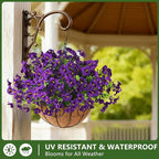 INQCMY Artificial Fake Petunias Flowers for Outdoors Spring Decoration, 12 Bundles Faux Flower Plants UV Resistant Purple Realistic Silk Flower for Outside Planters Patio Porch Yard Window Box