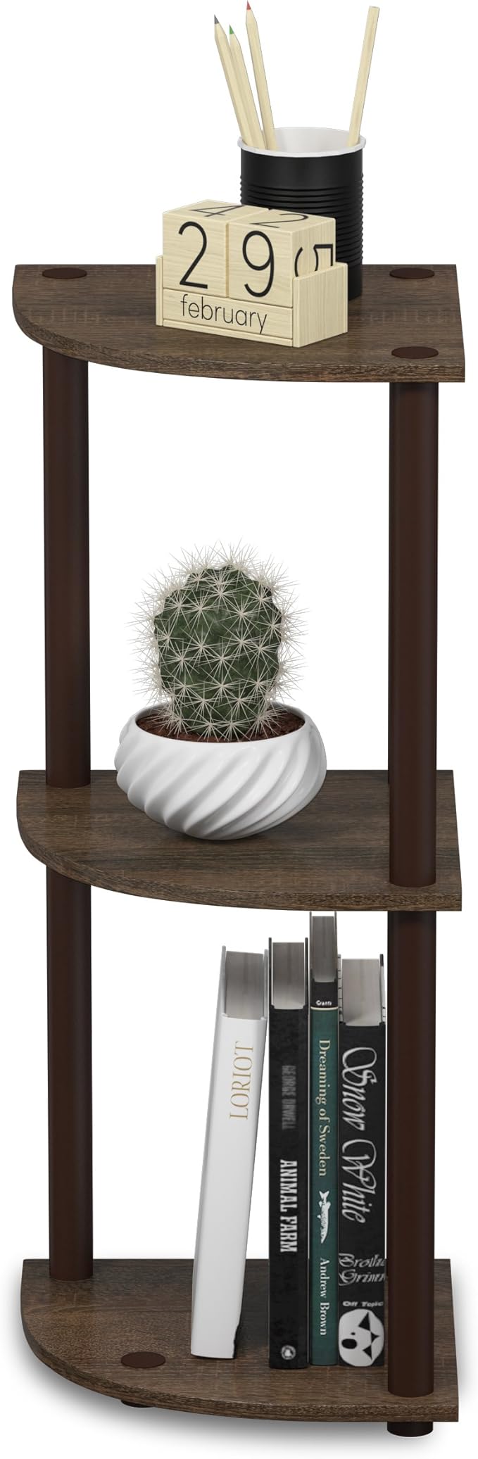 Furinno TURN-N-TUBE Corner Shelf, 3-Tier Corner Bookshelf, Display Storage Shelves, for Organization and Storage, Living Room, Home Office, Garage, Walnut