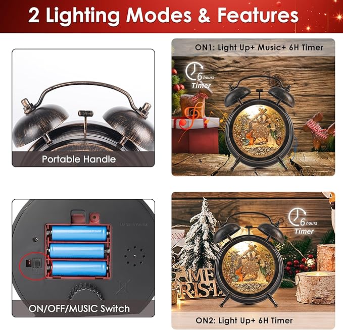 Kikth Red/Bronze Retro Plastic Lighted Musical Snow Globe, Alarm Clock Snow Globe 6H Timer, USB/Battery Operated Christmas Decorations Indoor (Nativity)
