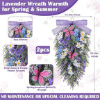 23" Lavender Teardrop Swag Wreath 2Pcs Spring Summer Swags for Front Door Faux Lavender Teardrop Swag with Butterfly Purple Wreath for Porch Wall Window Farmhouse Wedding Home Decor