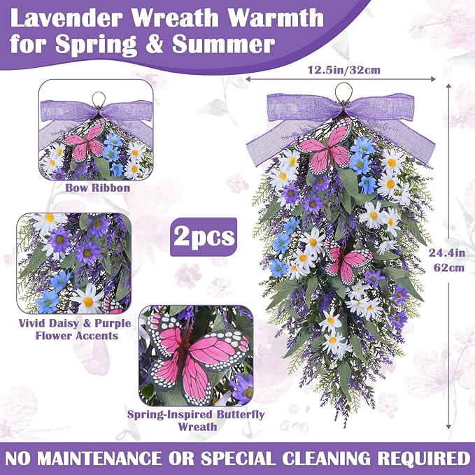 23" Lavender Teardrop Swag Wreath 2Pcs Spring Summer Swags for Front Door Faux Lavender Teardrop Swag with Butterfly Purple Wreath for Porch Wall Window Farmhouse Wedding Home Decor