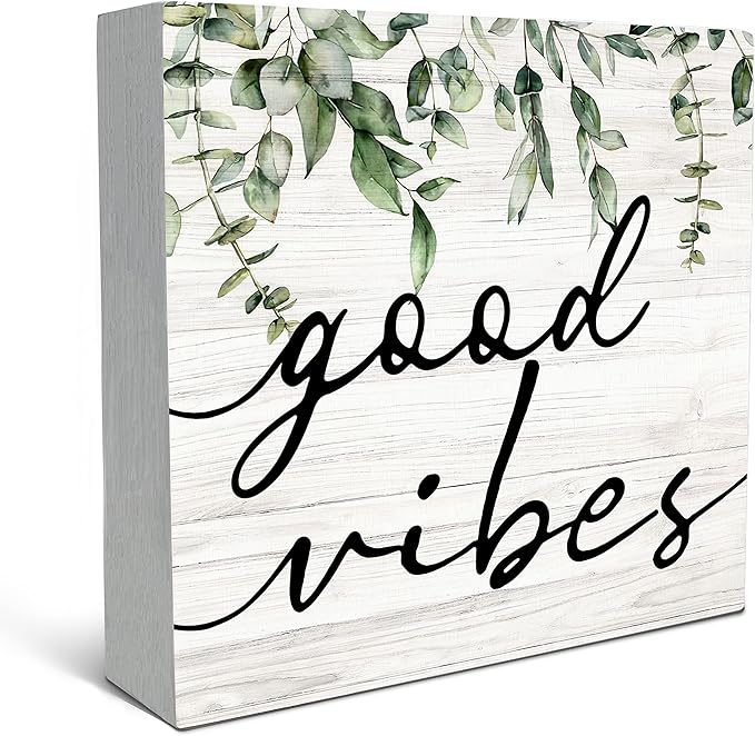 SRADMO Botanical Eucalyptus Leaves Wood Box Sign Desk Decor, Rustic Eucalyptus Leaves Wooden Block Box Sign Decoration For Home Office Shelf Table Decor