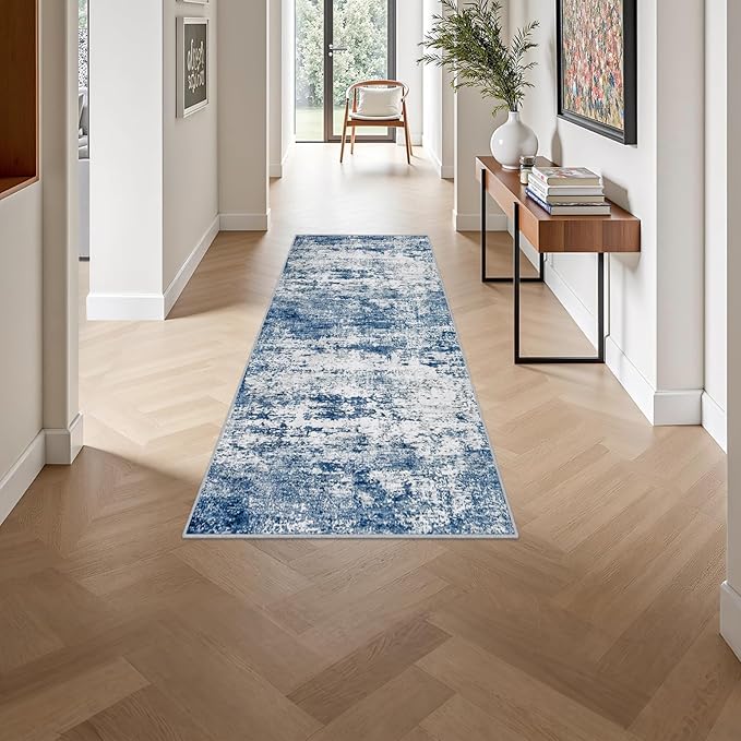 2'x5'Runner Rug Washable Rug: Modern Abstract Soft Thin Runner Rug Blue