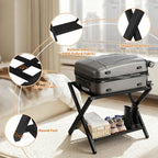Heybly Luggage Rack, Pack of 2, Folding Suitcase Stand with Storage Shelf, Heavy-Duty Luggage Holder for Guest Room Bedroom Hotel, Holds up to 165 lb,Black, HLR010B2