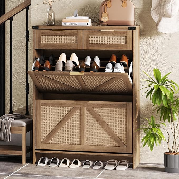 Shoe Cabinet with 2 Flip Drawers & 2 Drawers,Farmhouse Shoe Storage Cabinet for Entryway,Slim Freestanding Narrow Organizer Rack for Front Door Entrance,Rustic Oak Rattan