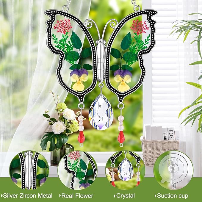 KY&BOSAM Crystal Butterfly Suncatcher Gifts for Mom Stained Glass Butterfly Wind Chime for Windows Hanging Pressed Rearl Flower Wings and Crystal Charm Gift for Mom Mother`s Day Birthday Christmas