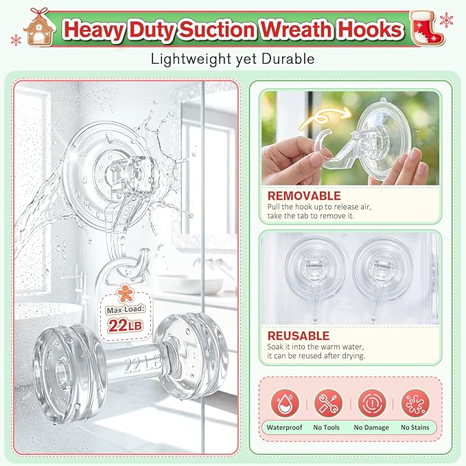 VIS'V Wreath Hanger, Large Suction Cup Wreath Hooks, Heavy Duty, 22 LB Capacity, Removable and Reusable, Clear, 4 Pcs