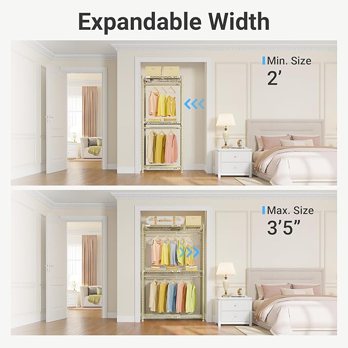 VIPEK X1 Expandable Clothes Rack Heavy Duty Adjustable from 2' to 3'5" with Adjustable Shelves and Hanger Rods, Reach-in & Walk-in Closets Metal Garment Racks Portable Closet, Gold