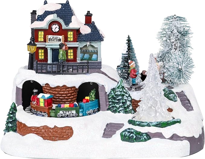 WONDER GARDEN Christmas Village Houses-Christmas Houses Village - Lighted Musical Railway Station Moving Train Town Sets with Revolving Acrylic Trees Animated Figurines for Indoor Decor or Gift