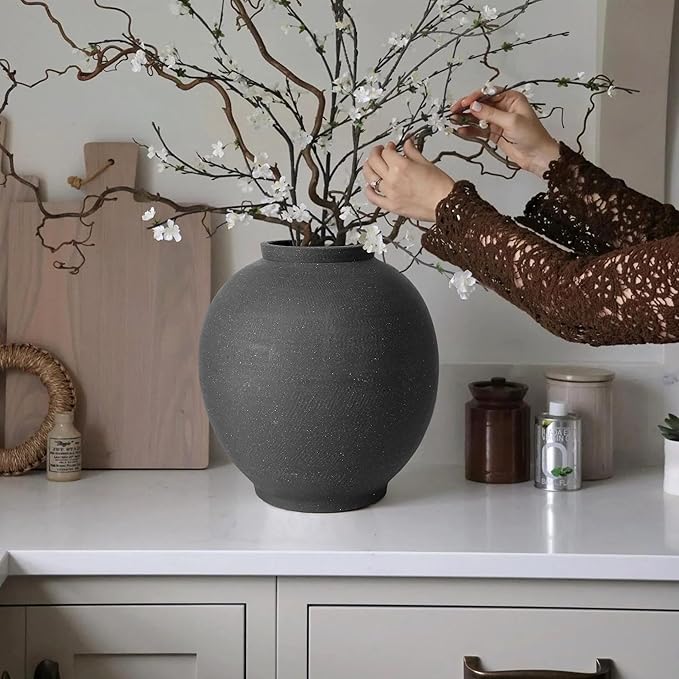 Black Ceramic Large Vase - 11 Inch Round Modern Ceramic Vases,Tall Vase for Decor Living Room Table Decor and Festive Home Interiors