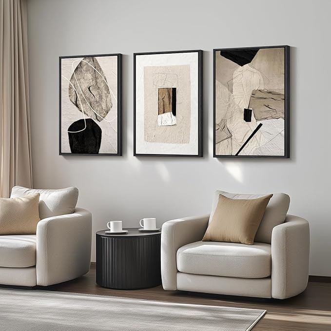 Large Framed Neutral Abstract Wall Art, 3 Piece Modern Canvas Prints Paintings Artwork for Walls, Minimalist Black Beige Pictures for Living Room Hallway Dining Room Bedroom Wall Decor -Total 30x60 In