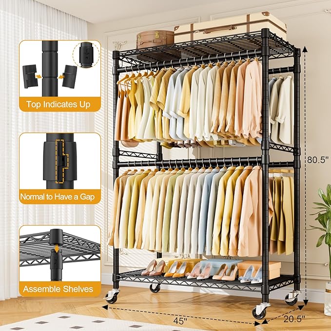 P4 Plus Rolling Clothes Rack Heavy Duty, Clothing Racks for Hanging Clothes, Free Standing Garment Racks with Wheels, Portable Closet Rack 45''W × 20.5''D × 80.5''H, Max Load 570 Lbs, Black