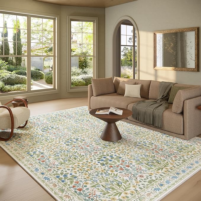 Washable 8x10 Area Rug - Light Green Oriental Design for Living Room, Bedroom, Dining Room & Under Kitchen Table - Stain Resistant, Non-Slip Large Rug