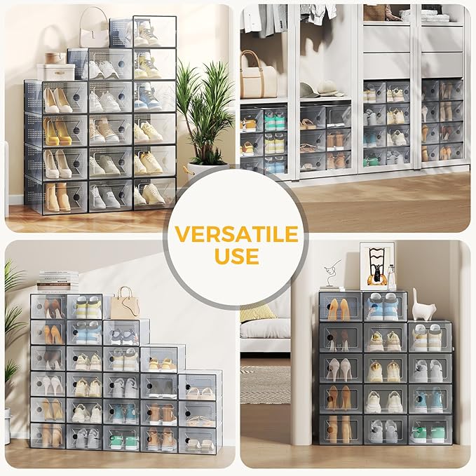 NEWBULIG 24 Clear Shoe Storage Boxes, Shoe Organizer for Closet with Lid, Plastic Stackable Breathable Shoe Cabinet with Lid for Sneakers, Heels & Boots, Black