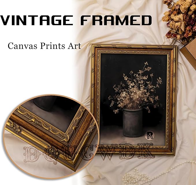 Vintage Gold Framed Wall Art Fall Dried Flowers Antique Vase Country Oil Painting Canvas Prints Dark Moody Rustic Still Life Picture Gothic Victorian Botanical Poster Artwork for Bedroom, 12x16in