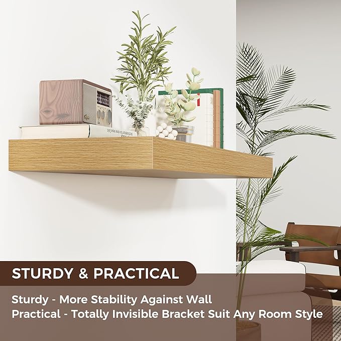Venusmiles Floating Shelves for Wall, 40" W x 12" D x 2" H, 1 Pack of Long Wall Mounted Engineered Wood Shelves with Invisible Brackets for Living Room, Bedroom, Bathroom, Kitchen Decor, Oak