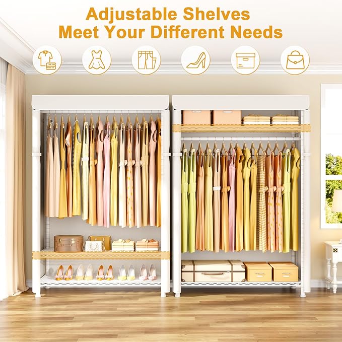 H5C Plus Clothes Rack with Cover, Portable Closet for Hanging Clothes, Covered Clothing Racks Heavy Duty, 3-Tiers Garment Rack with Shelves Max Load 370LBS White Closet Rack with White Cover